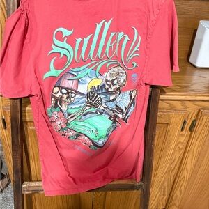 Vibrant Red Graphic Tee with Skeleton Design